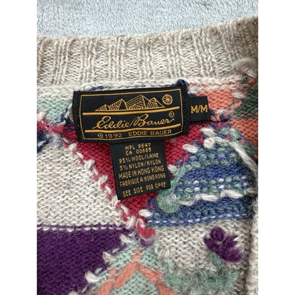Vintage Eddie Bauer Cardigan Womens Medium Cottagecore Wool Patchwork Sweater - Picture 4 of 13